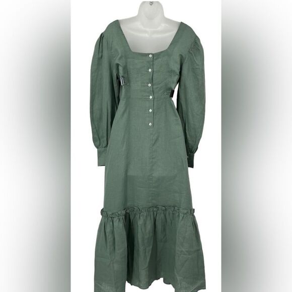 NWT Harshman Plus Size Bloom Dress Olive Green Long Sleeve Linen - Size 3XL - Picture 3 of 8